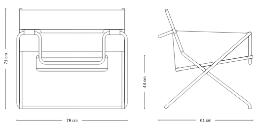 Technische Zeichnung mit Abmessungen des faltbaren Sessels Tecta D4 – Höhe: 71 cm, Breite: 78 cm, Tiefe: 61 cm, Sitzhöhe: 44 cm