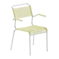 Preview: Schaffner Säntis Spaghetti Stuhl mit neuen Armlehnen in buchsbaumgelb mit verchromtem Gestell
