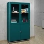 Preview: müller möbelfabrikation SB424 Vitrine mit Glas und Metall Türen in türkis Interieurbild