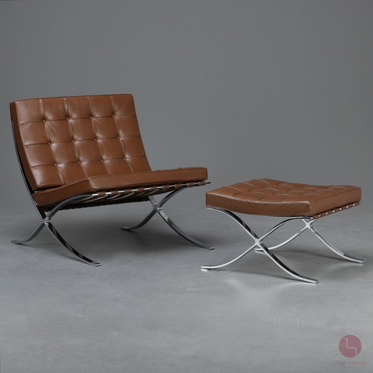 Preview: Knoll Barcelona Chair + Ottoman mit braunem Leder - gebraucht