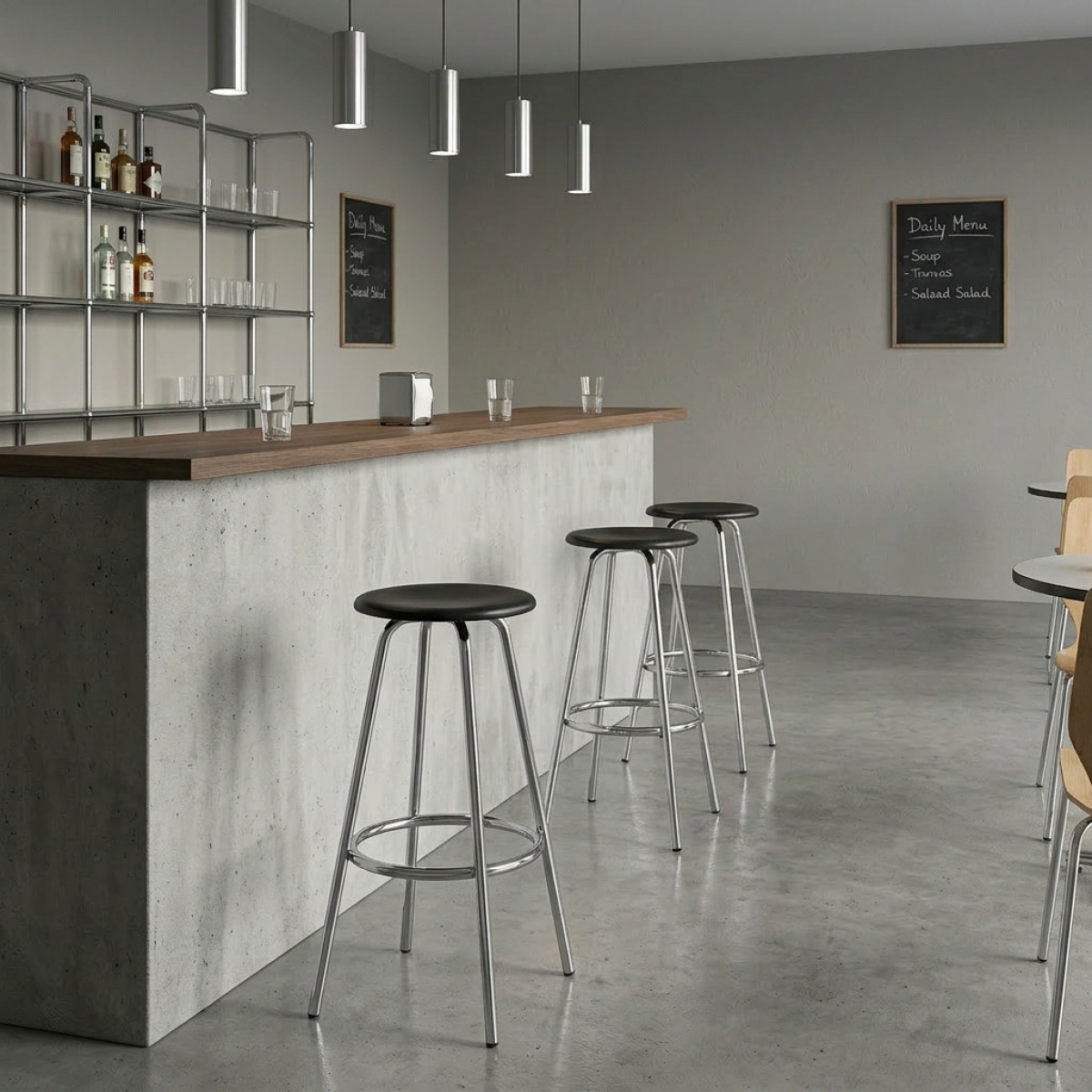 Preview: L&C stendal monte Barhocker mit Sitzfläche aus schwarz egbeiztem Buchenschichtholz und verschromtem Stahlrohr Interieur
