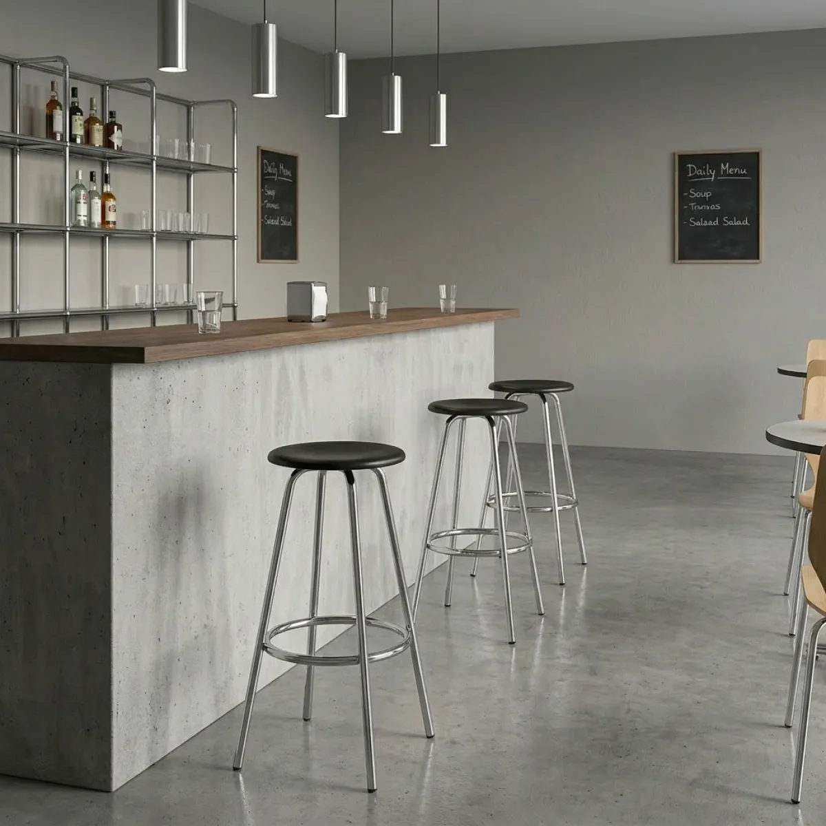 L&C stendal monte Barhocker mit Sitzfläche aus schwarz egbeiztem Buchenschichtholz und verschromtem Stahlrohr Interieur