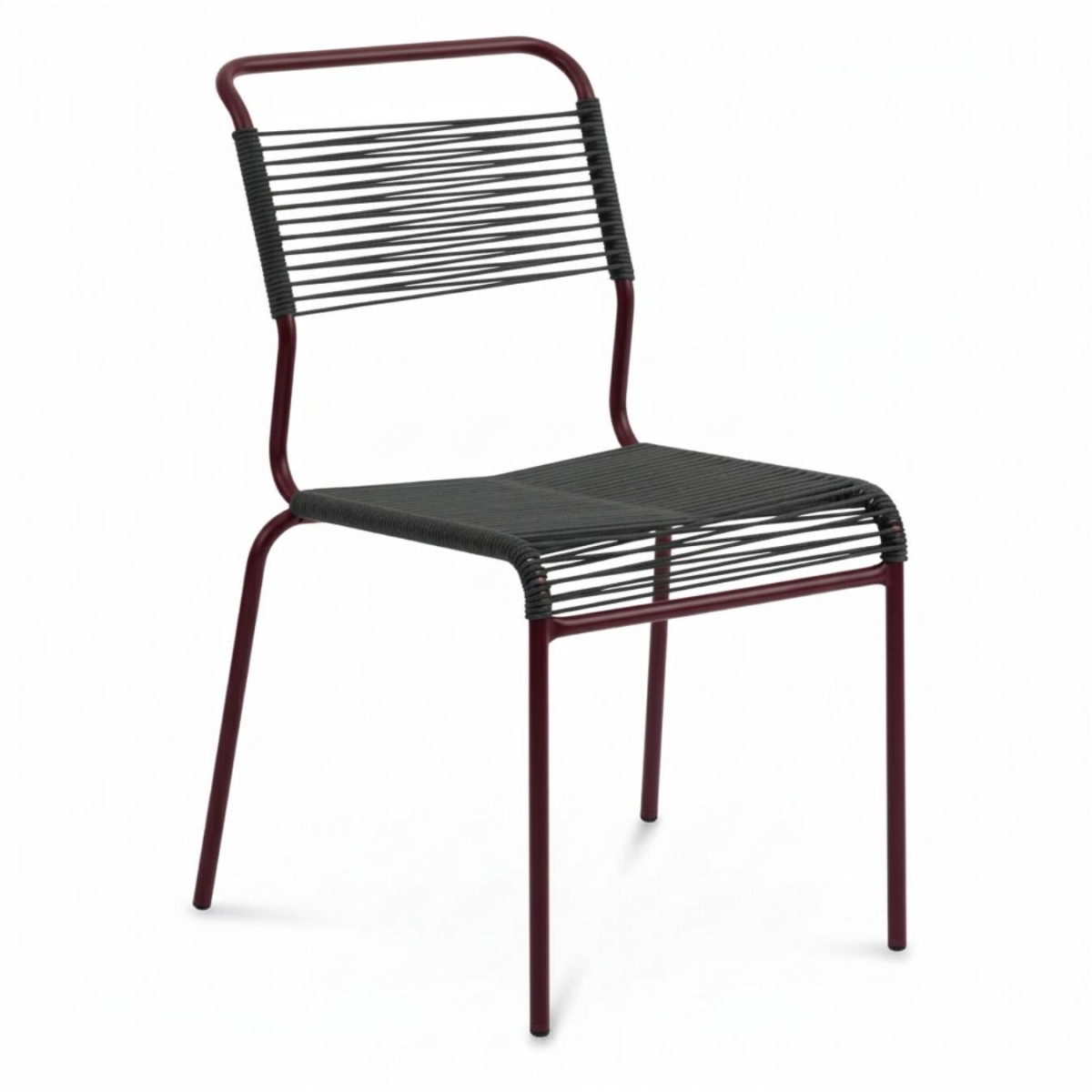 Preview: Schaffner Säntis Spaghetti Stuhl mit anthrazit farbener OceanYarn® Bespannung und bordeaux farbenem Gestell