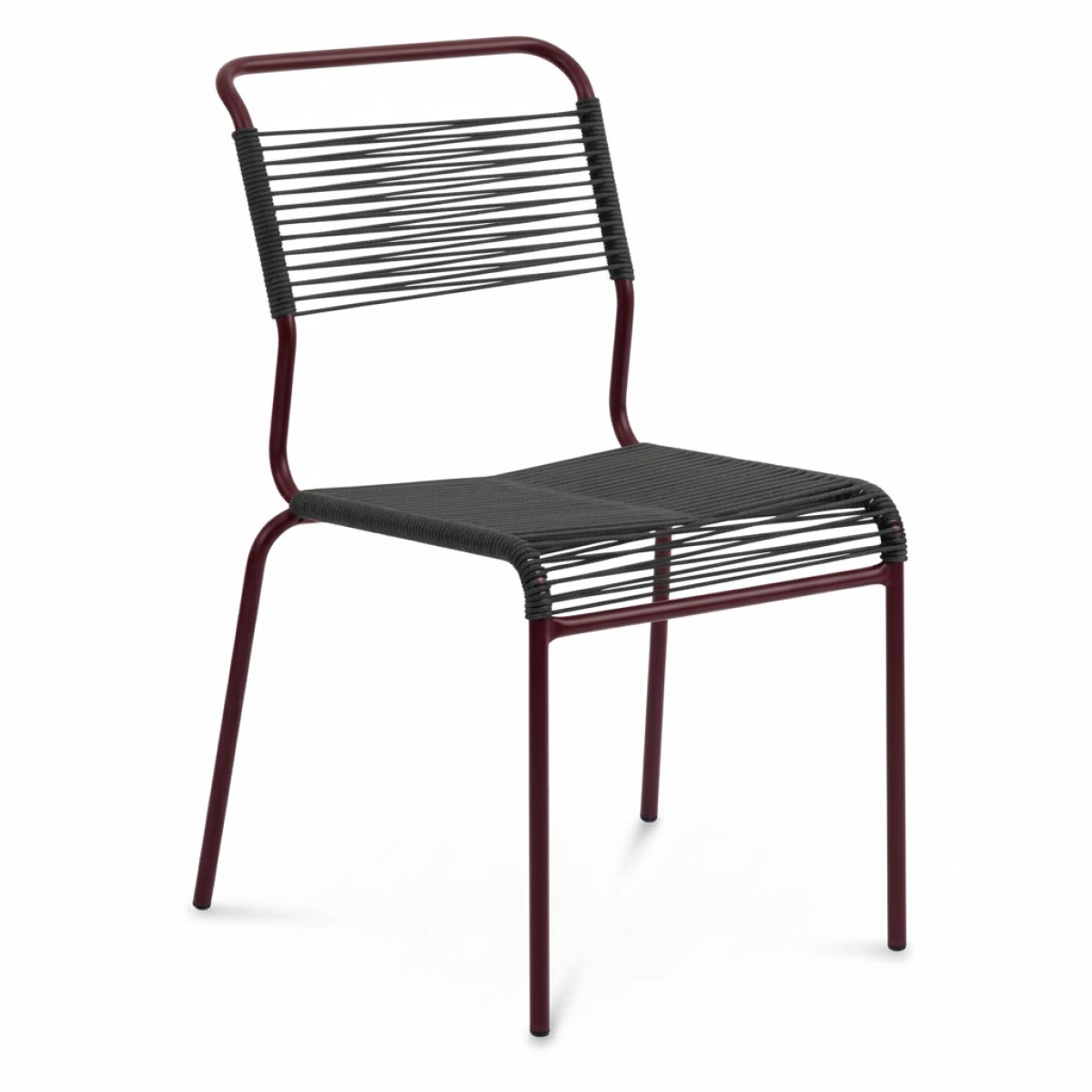 Preview: Schaffner Säntis Spaghetti Stuhl mit anthrazit farbener OceanYarn® Bespannung und bordeaux farbenem Gestell