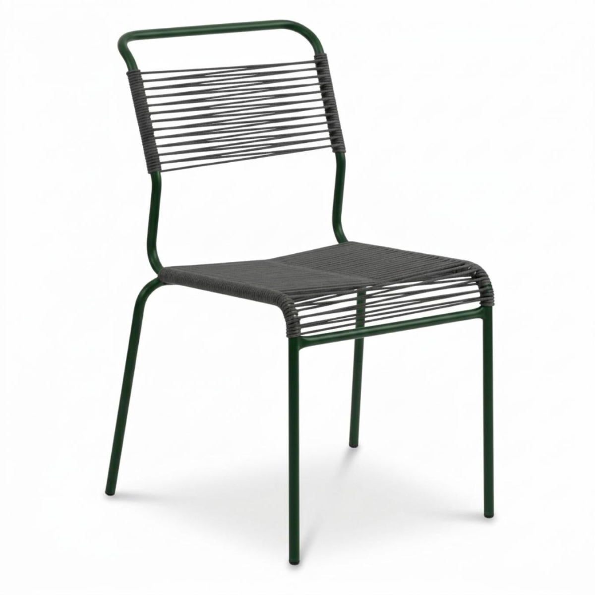 Schaffner Säntis Spaghetti Stuhl mit anthrazit farbener OceanYarn® Bespannung und tannengrünem Gestell