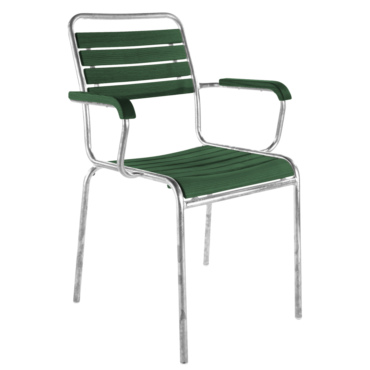 Preview: Schaffner Rigi Holz Stuhl mit Armlehnen Tannengrün zweifarbig Gestell Grau, feuerverzinkt – wetterfest, stapelbar & Swiss-Made