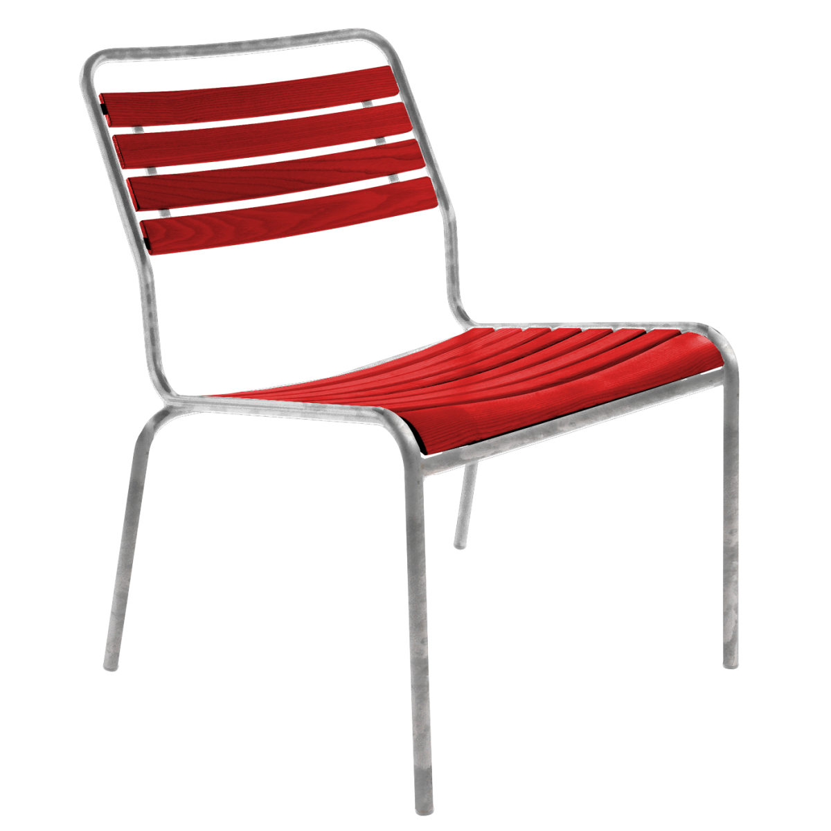 Preview: Rigi Holzlattensalon Stuhl mit feuerverzinktem Gestell und Holzfarbe Rot