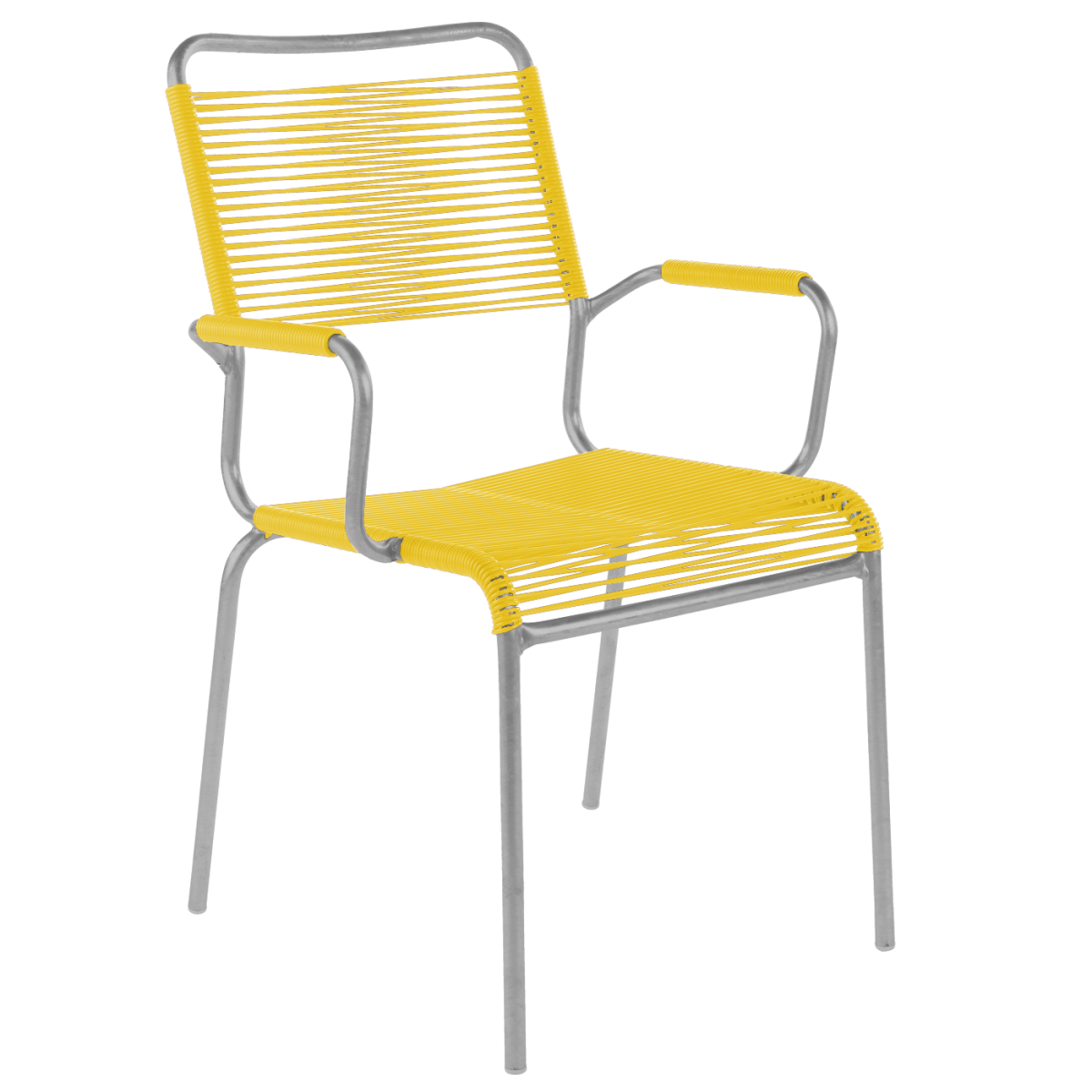Preview: Schaffner Rigi Stuhl gelb mit Armlehnen zweifarbig Gestell Grau– wetterfest, stapelbar & Swiss-Made