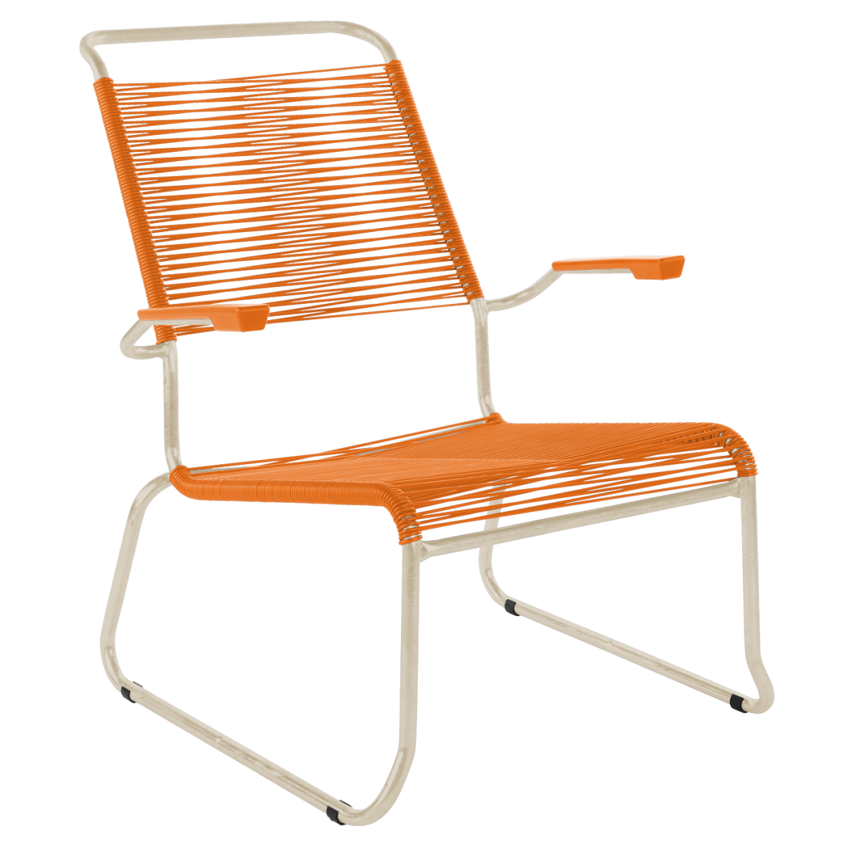 Preview: Säntis Spaghetti Lounger mit Kufen und Armlehnen in Braun mit orangem Gestell