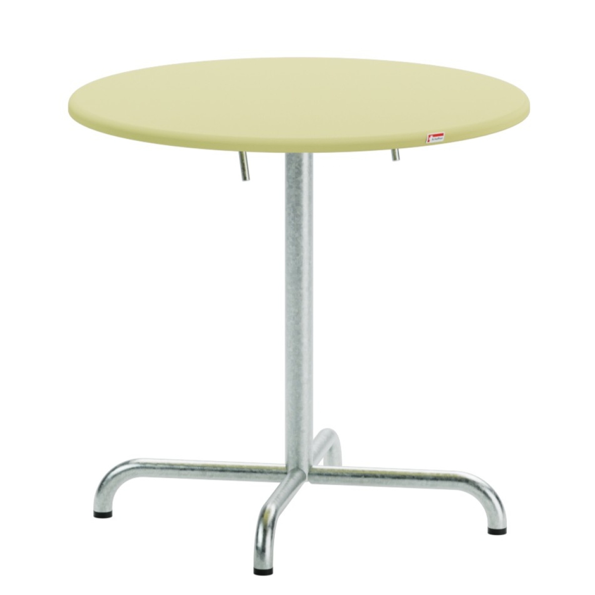 Preview: Schaffner Davos runder Glasfaser Tisch mit buchsbaumgelber Tischplatte und Gestell aus feuerverzinktem Stahlrohr