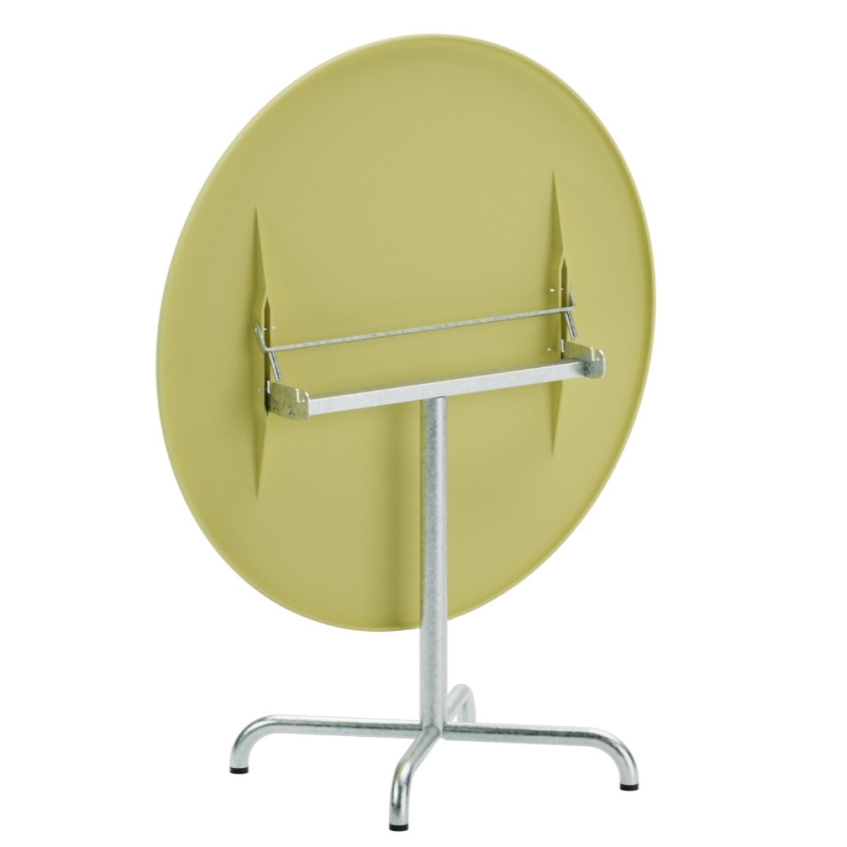 Preview: Schaffner Davos runder Glasfaser Tisch mit buchsbaumgelber Tischplatte und Gestell aus feuerverzinktem Stahlrohr