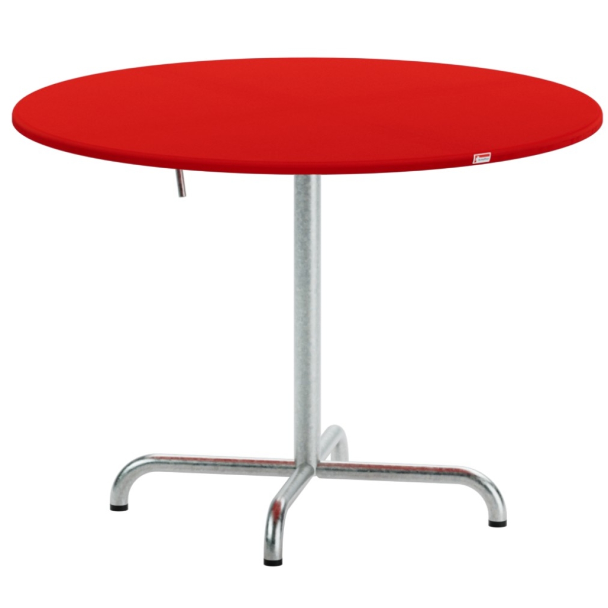Preview: Schaffner Davos runder Glasfaser Tisch mit roter Tischplatte und Gestell aus verzinktem Stahlrohr