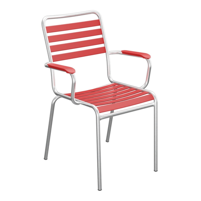 Preview: Schaffner Rigi Stuhl mit PVC Lättli und Armlehnen in rot und feuerverzinktem Gestell