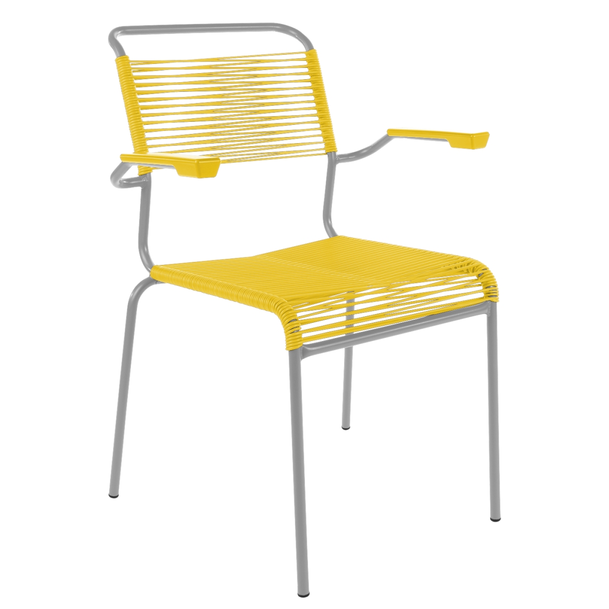 Preview: Schaffner Säntis Stuhl mit Armlehnen gelb zweifarbig Gestell Grau– wetterfest, stapelbar & Swiss-Made