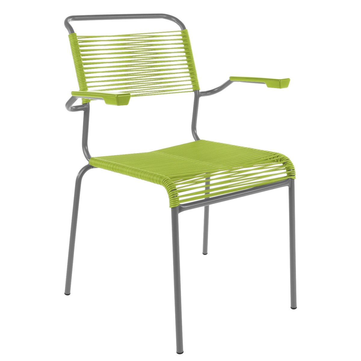 Preview: Schaffner Säntis Stuhl mit Armlehnen hellgrün zweifarbig Gestell Grau– wetterfest, stapelbar & Swiss-Made