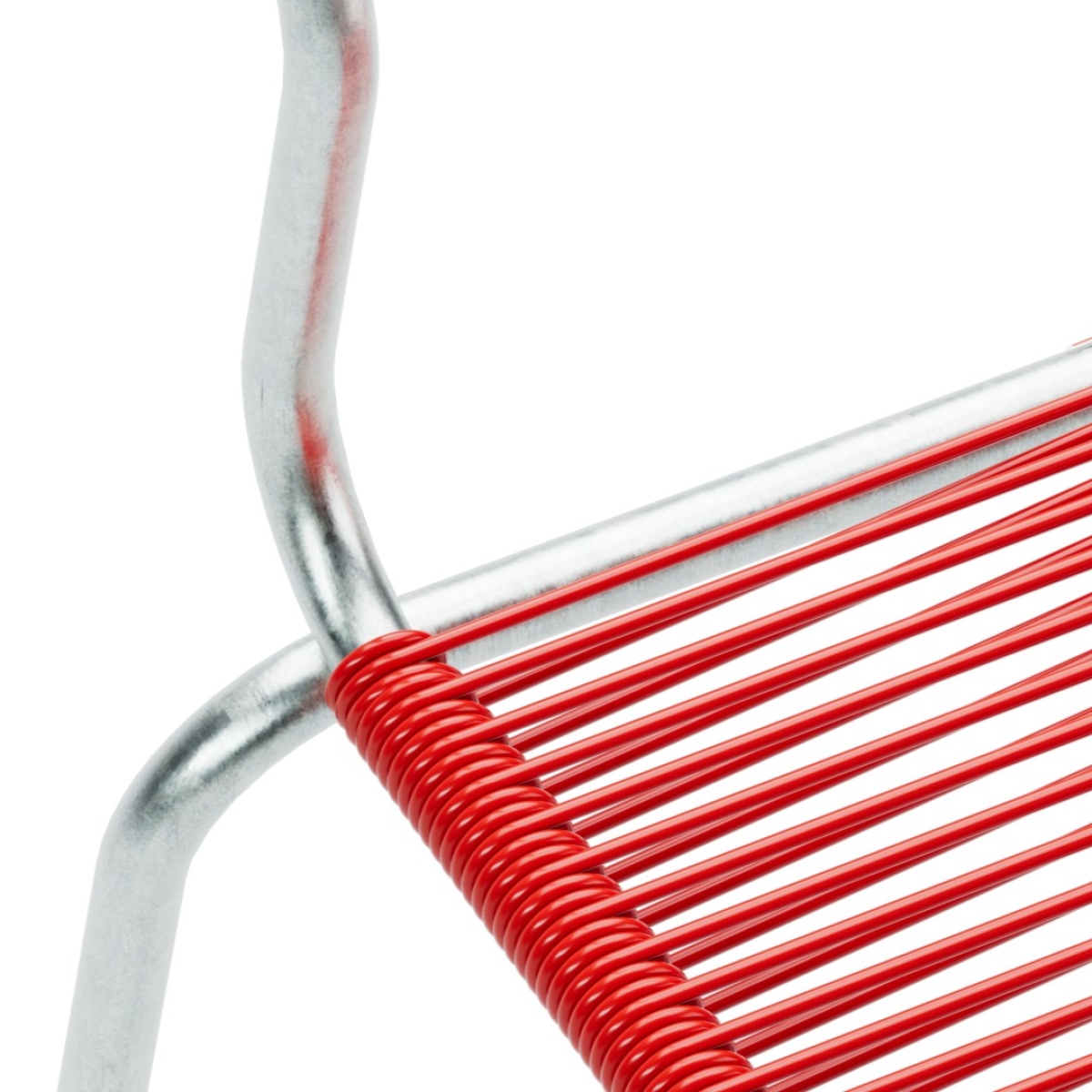 Preview: Schaffner Säntis Barstuhl mit Spaghetti Bespannung in rot und Gestell aus feuerverzinktem Stahlror Detailansicht