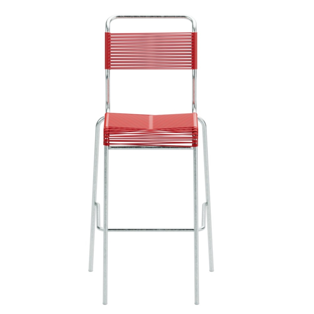 Preview: Schaffner Säntis Barstuhl mit Spaghetti Bespannung in rot und Gestell aus feuerverzinktem Stahlror Frontansicht