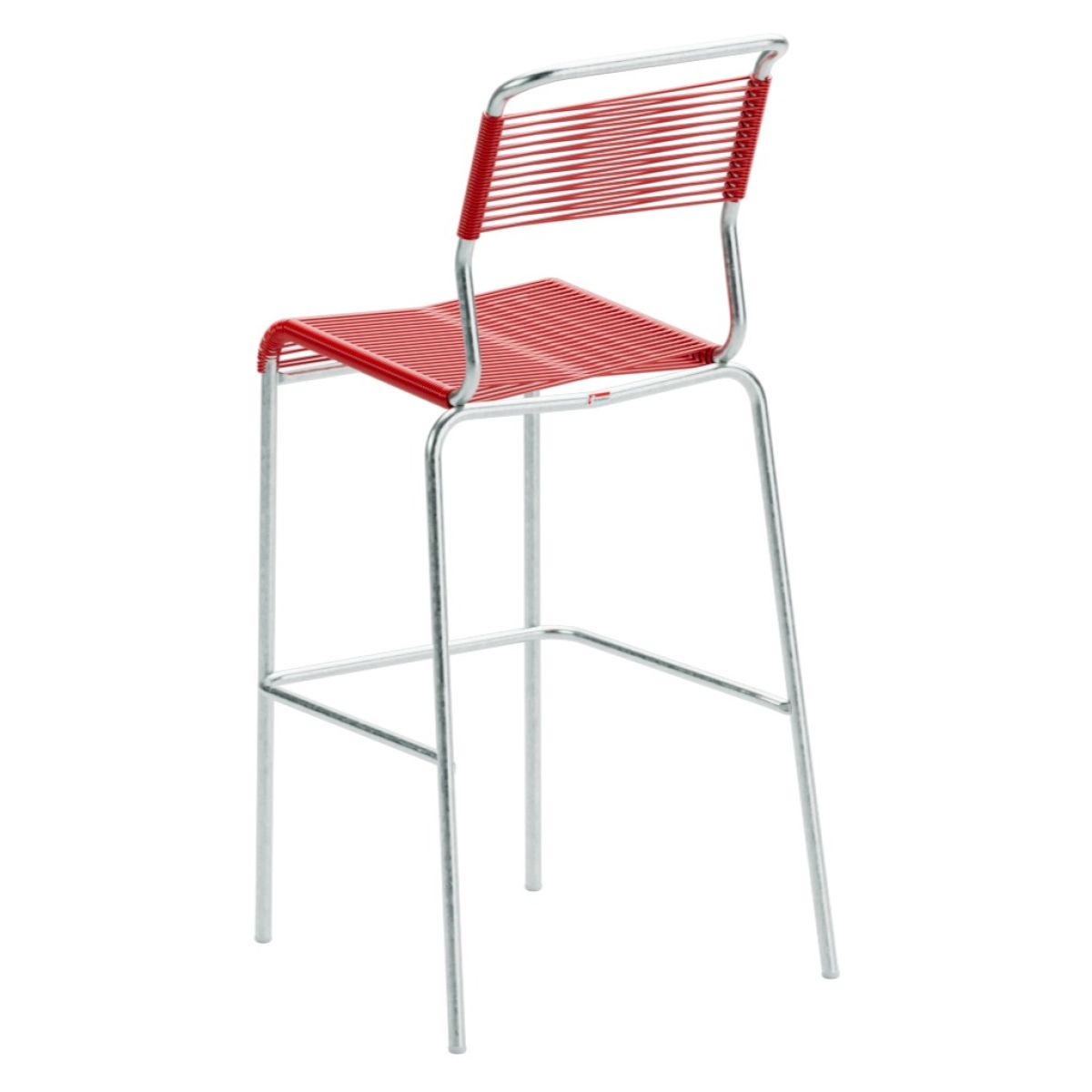 Preview: Schaffner Säntis Barstuhl mit Spaghetti Bespannung in rot und Gestell aus feuerverzinktem Stahlror Rückansicht