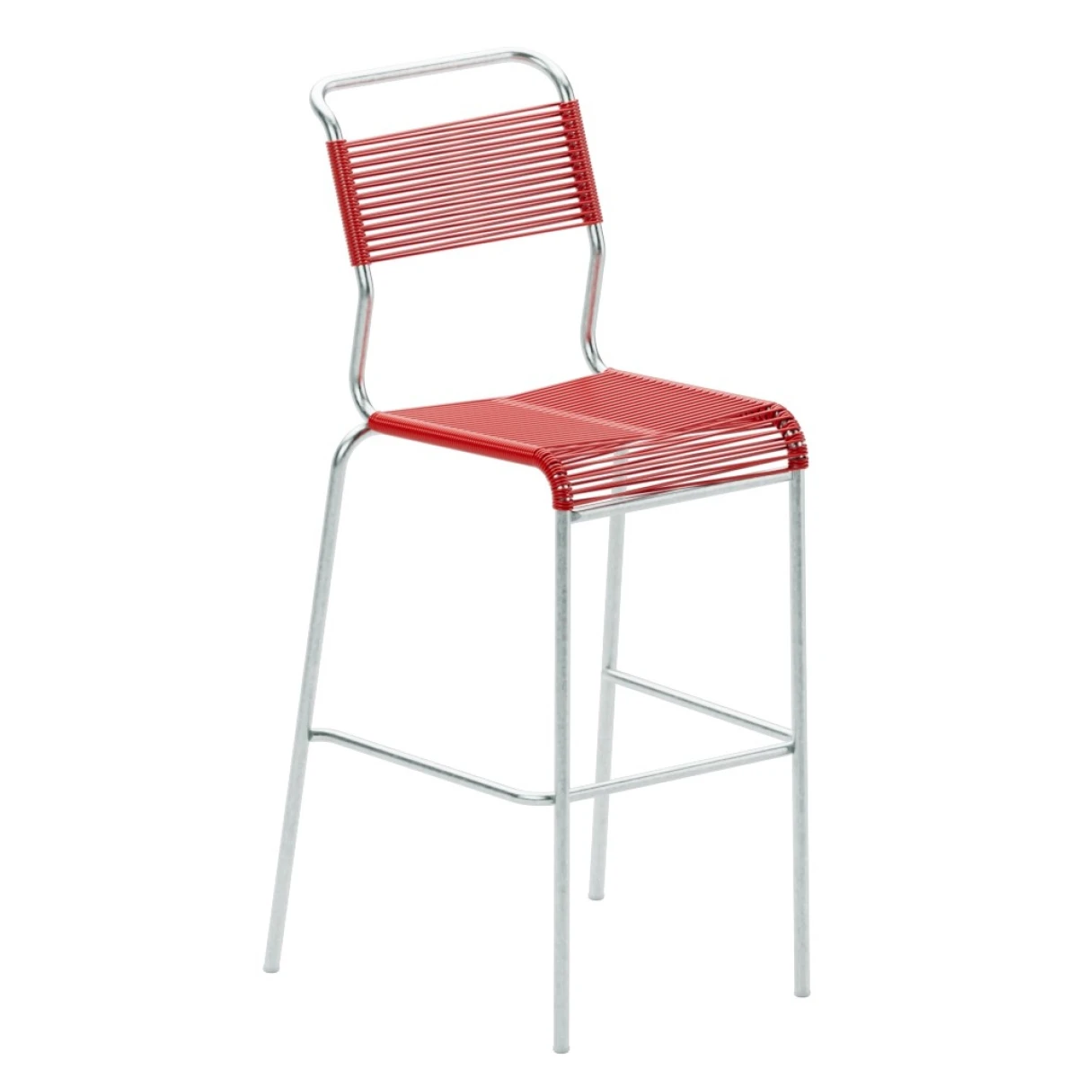 Schaffner Säntis Barstuhl mit Spaghetti Bespannung in rot und Gestell aus feuerverzinktem Stahlror