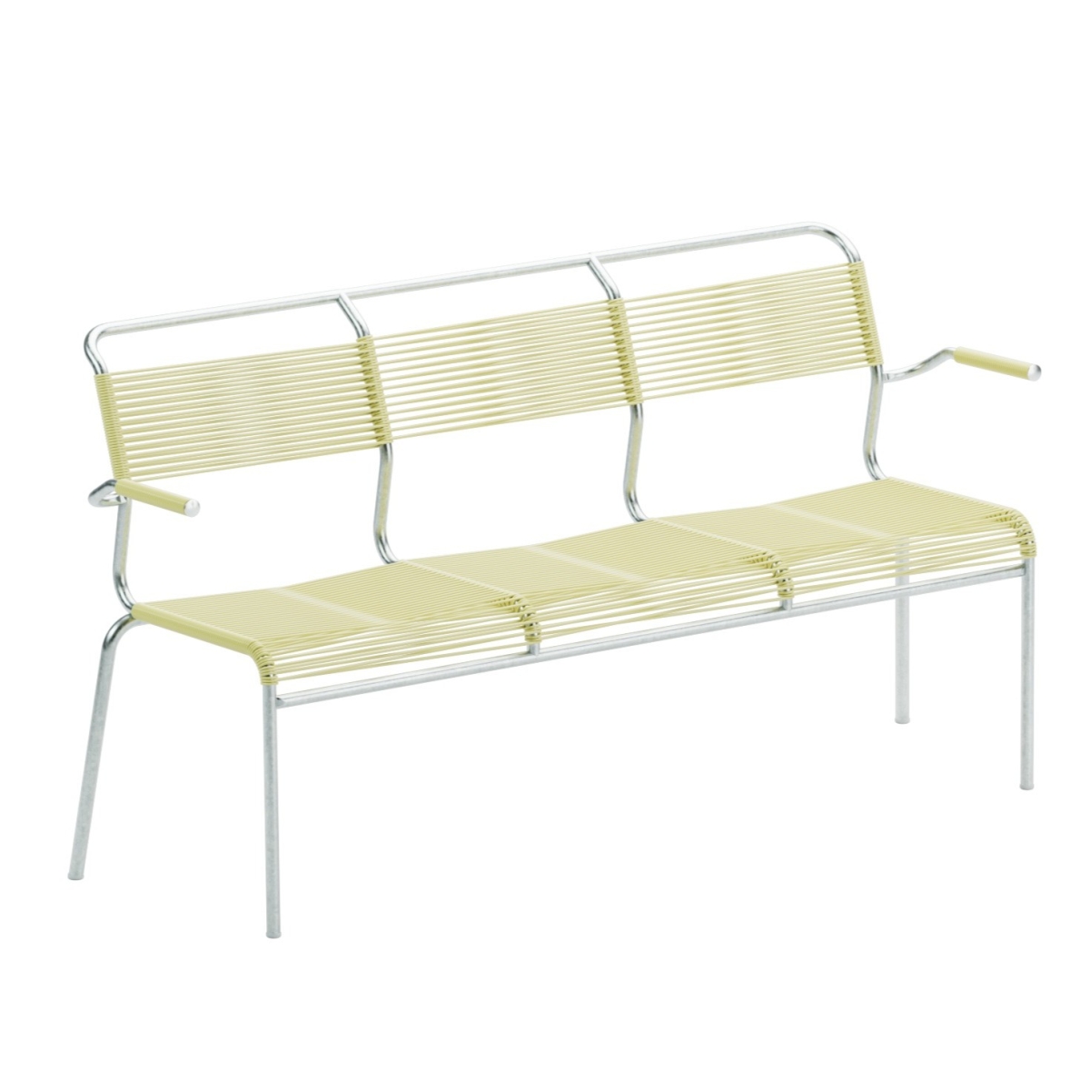 Preview: Schaffner Säntis Spaghetti Bank mit Armlehnen, buchsbaumgelber Bespannung und feuerverzinktem Gestell