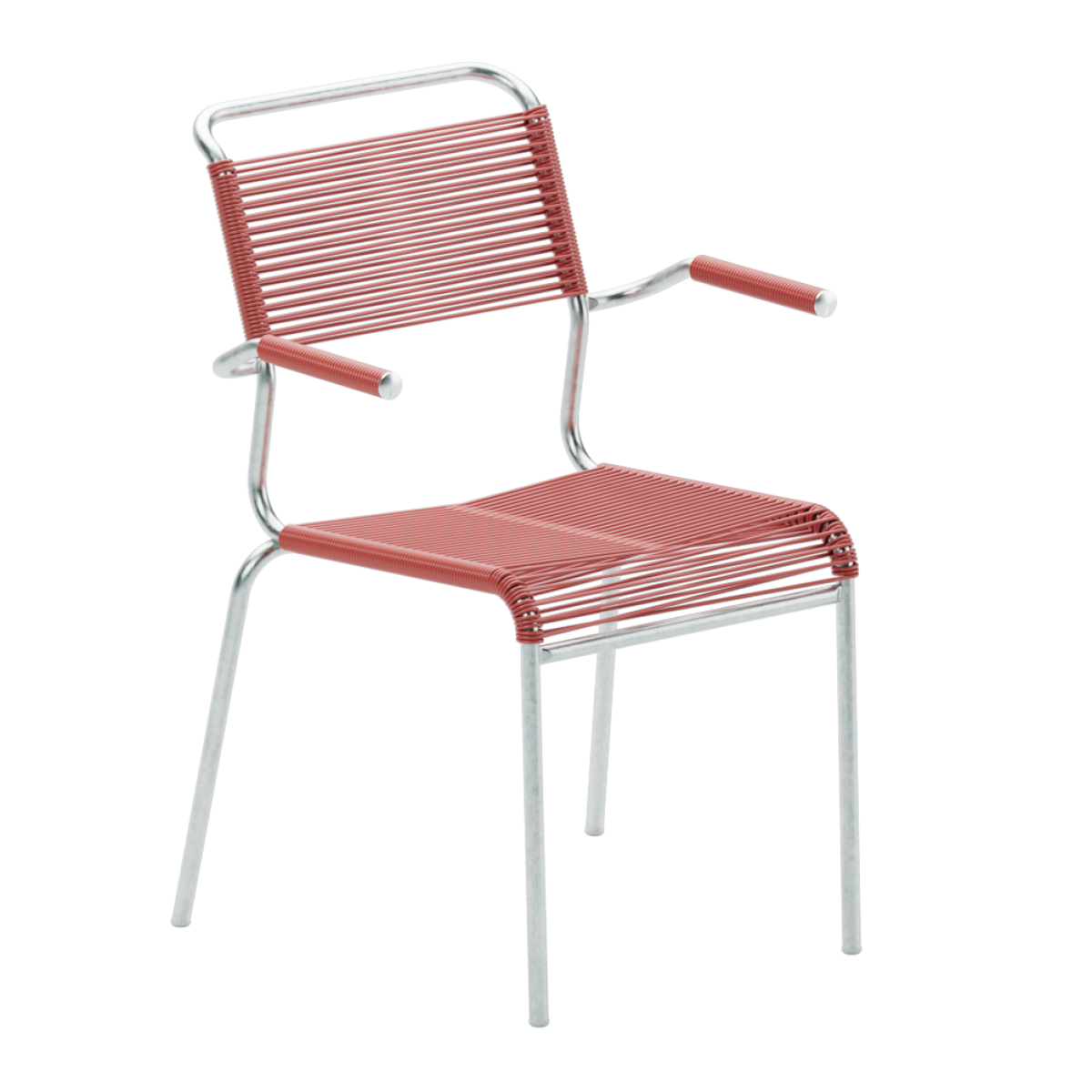 Preview: Schaffner Säntis Spaghetti Stuhl mit neuen Armlehnen in ahornrot mit verchromtem Gestell