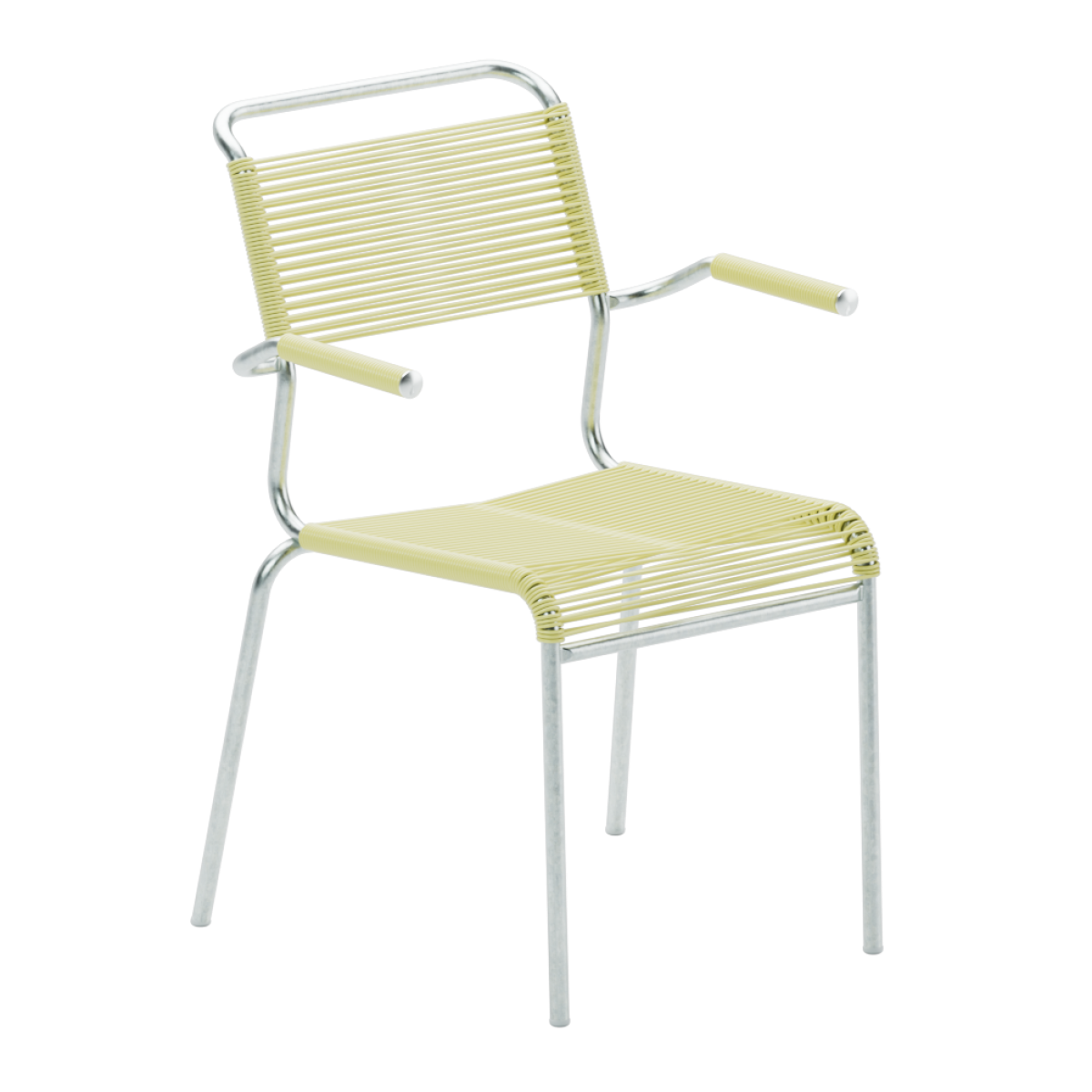 Preview: Schaffner Säntis Spaghetti Stuhl mit neuen Armlehnen in buchsbaumgelb mit verchromtem Gestell