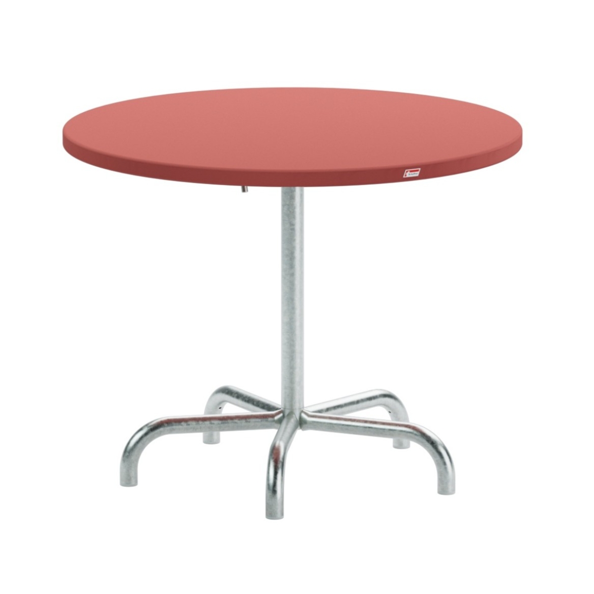 Preview: Schaffner Säntis runder Tisch mit ahornroter Tishplatte und Gestell aus feuerverzinktem Stahlrohr