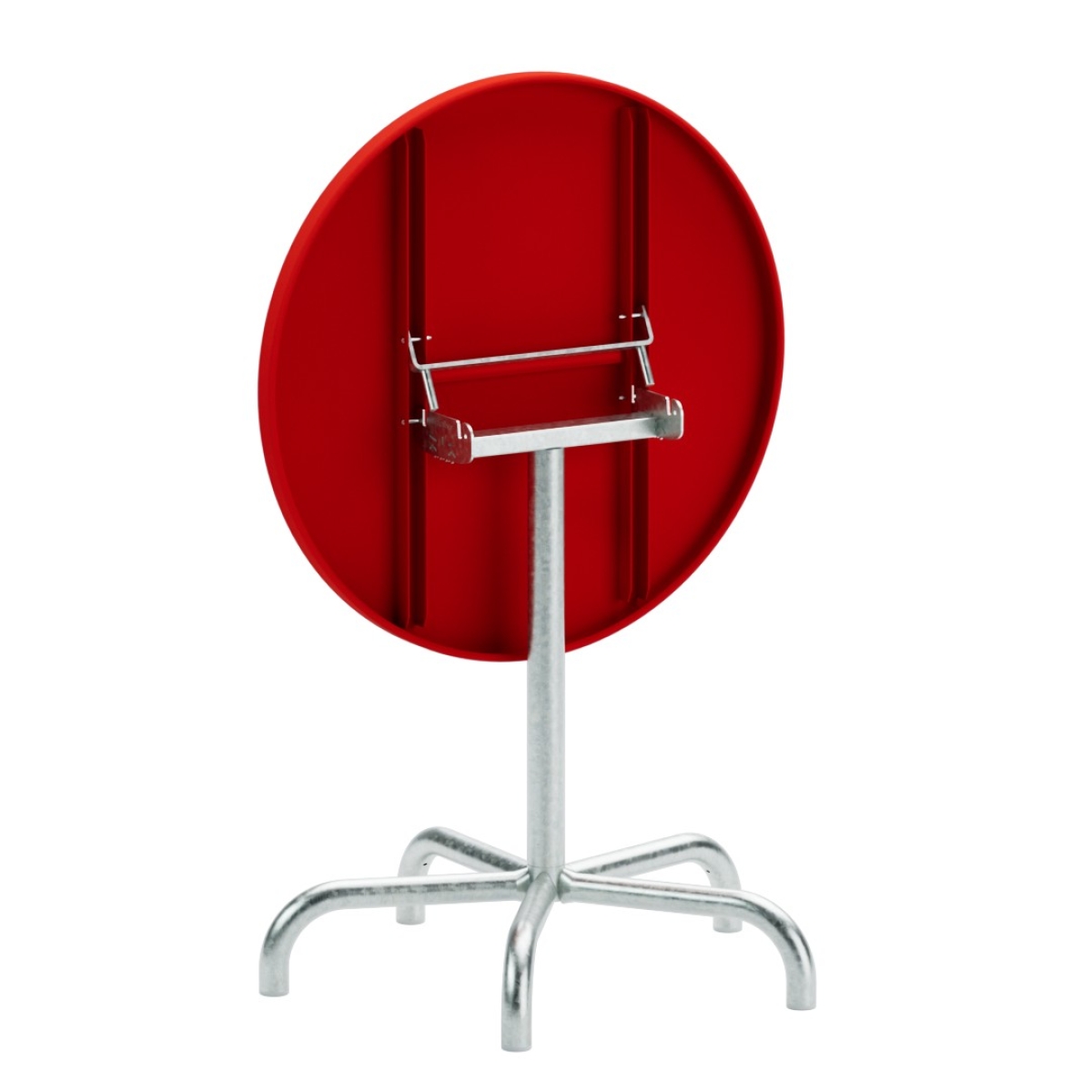 Preview: Schaffner Säntis runder Tisch mit roter Tishplatte und Gestell aus feuerverzinktem Stahlrohr, abgeklappt