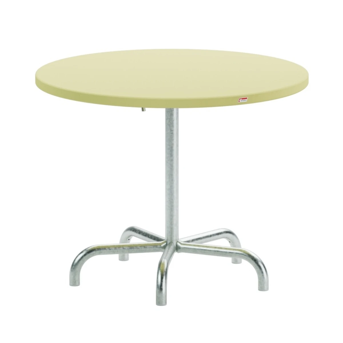 Schaffner Säntis runder Tisch mit buchsbaumgelber Tishplatte und Gestell aus feuerverzinktem Stahlrohr