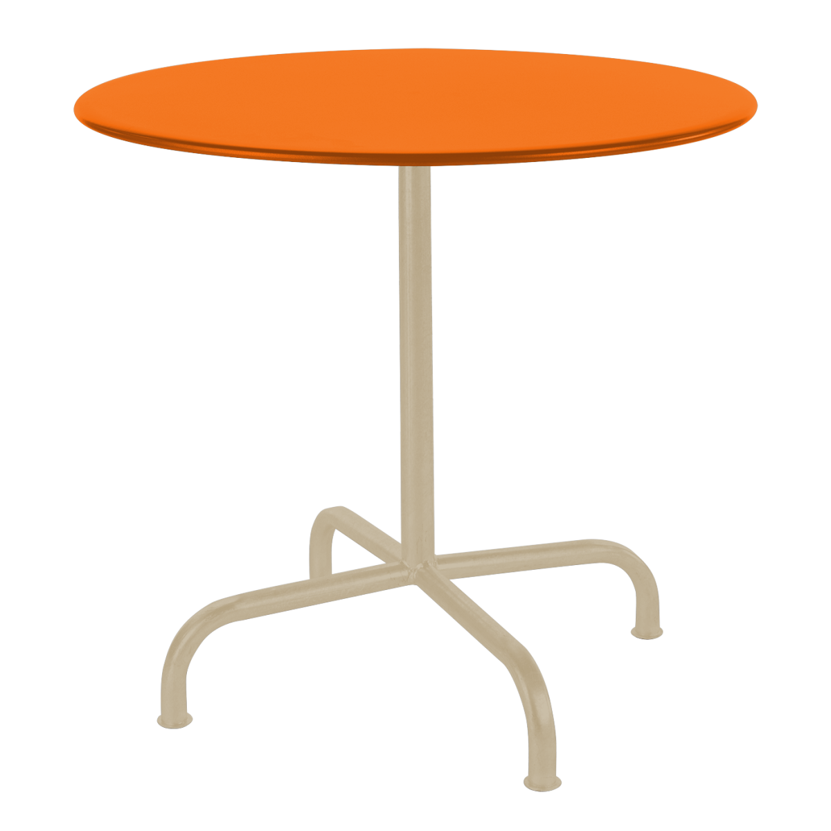 Preview: Runder Rigi Tisch von Schaffner in Orange mit pastellbraunem Gestell – stilvoller Gartentisch für innen und außen