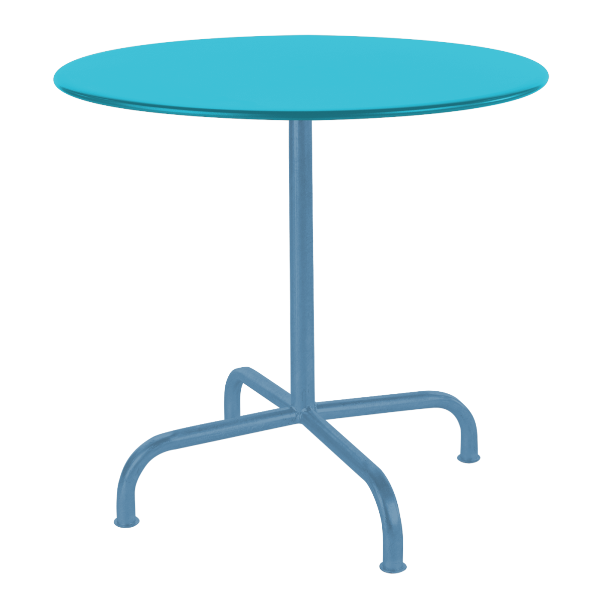 Preview: Runder Rigi Tisch von Schaffner in Pastellblau mit blauem Gestell – moderner Outdoor-Tisch mit farbenfrohem Design
