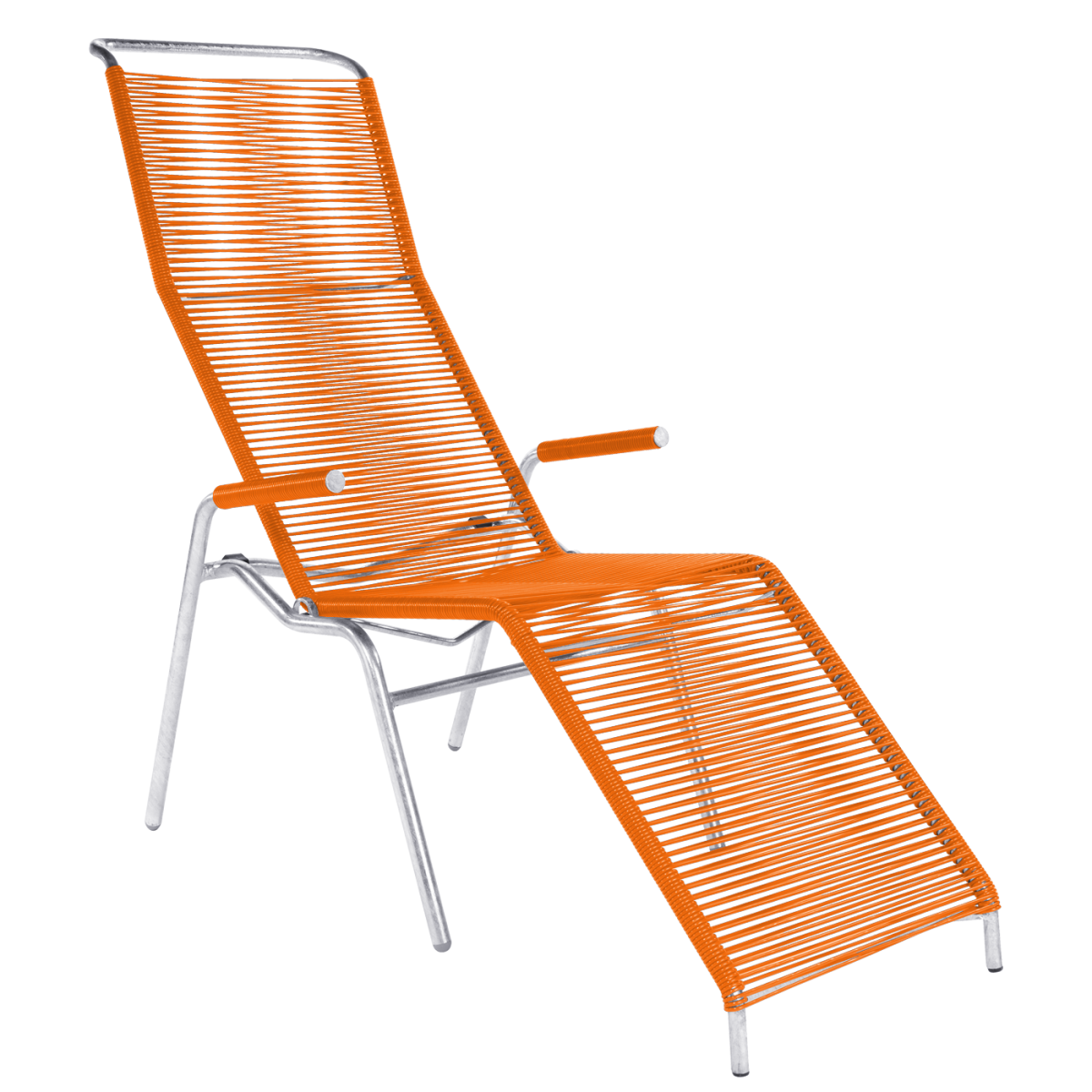 Schaffner Säntis Liegestuhl mit Armlehnen orange zweifarbig Gestell chrom – wetterfest, stapelbar & Swiss-Mad