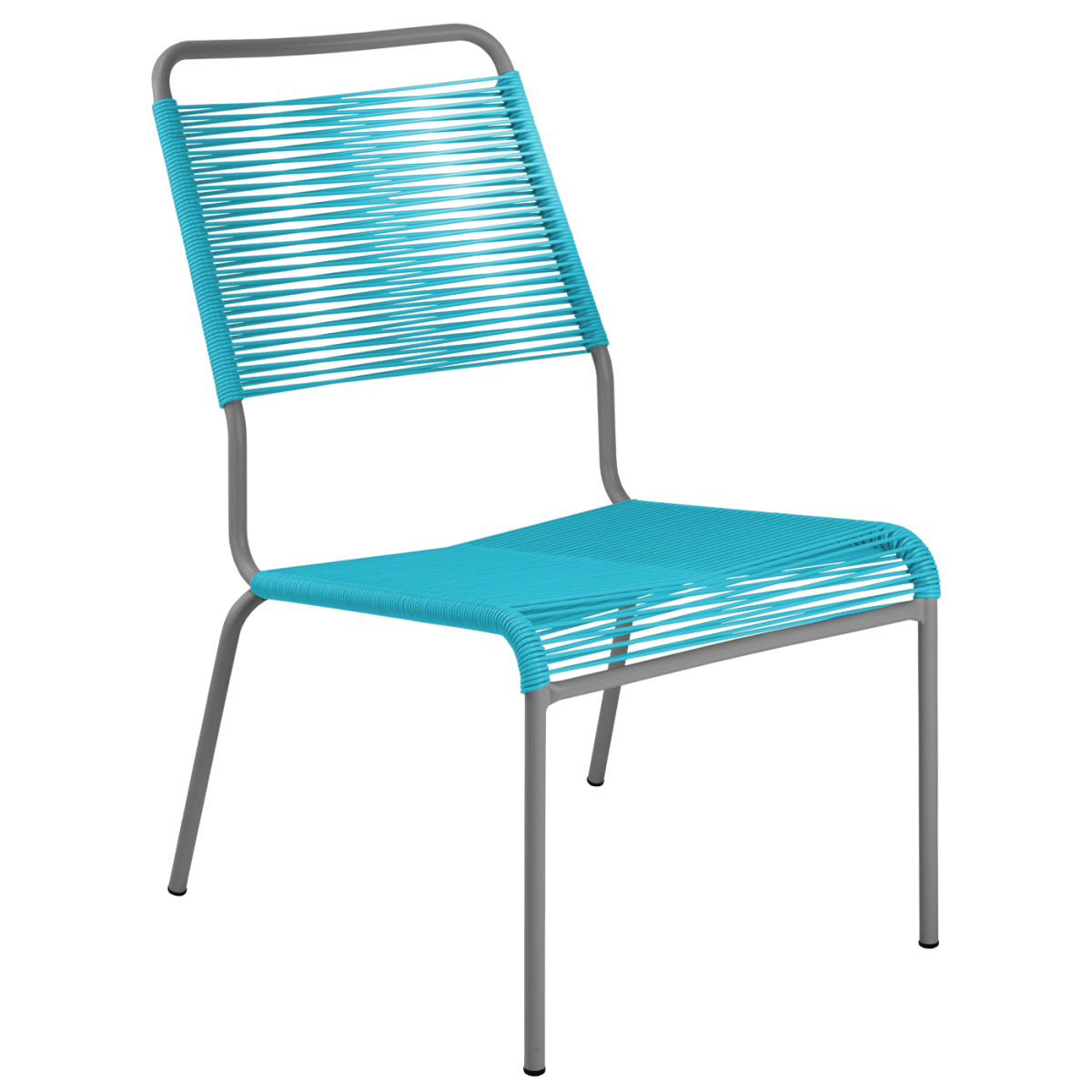 Preview: Schaffner Rigi Salon Sessel Spaghetti ohne Armlehnen in verschiedenen Farben, zweifarbig Preview: Spaghetti Lounger mit türkisfarbener Bespannung und anthrazitfarbenem Gestell – Vorderansicht