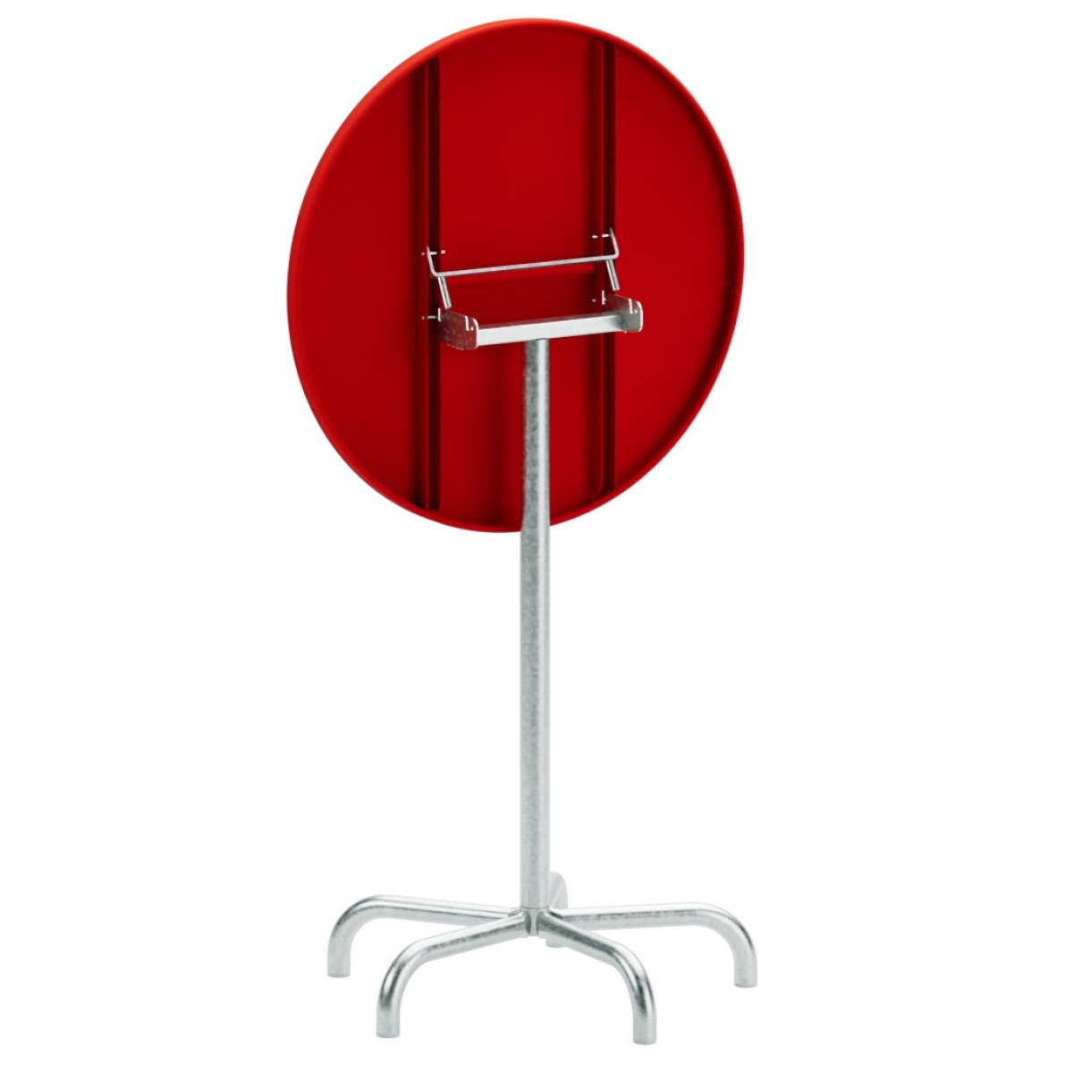 Preview: Schaffner Säntis Stehtisch mit Durchmesser 80 cm, roter Tischplatte und feuerverzinktem Gestell abgeklappt