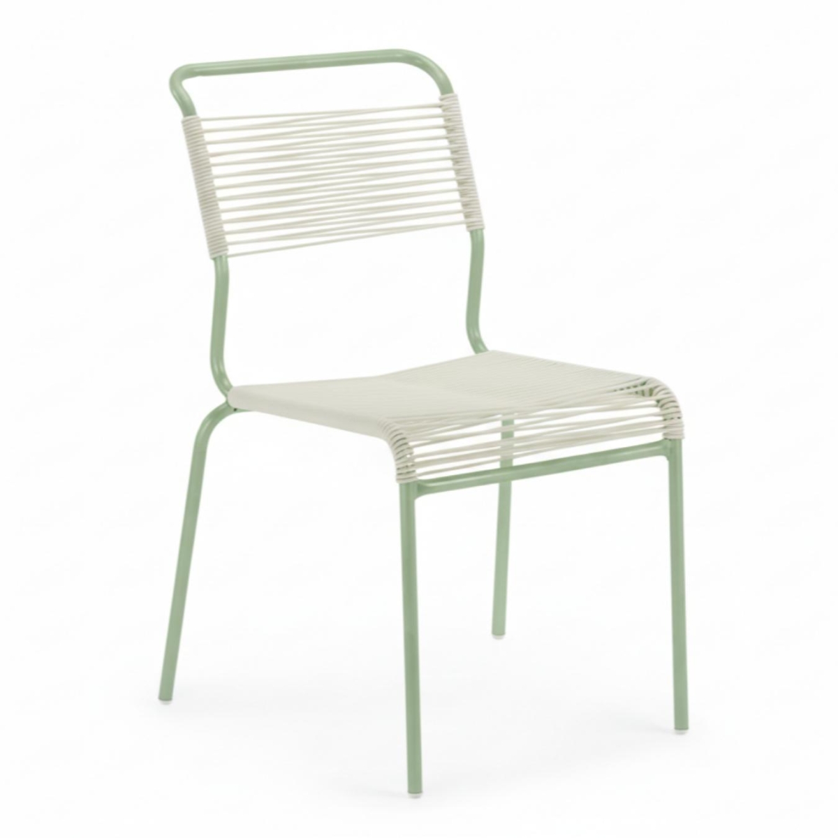 Schaffner Säntis Spaghetti Stuhl mit weisser OceanYarn® Bespannung und pastellgrünem Gestell