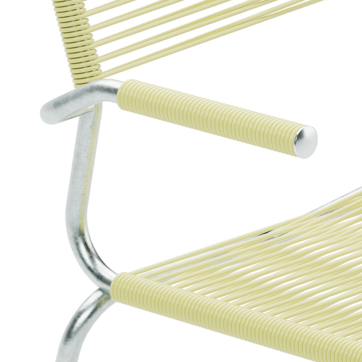 Preview: Schaffner Säntis Outdoorstuhl mit Spaghettigeflecht, Geflecht in buchsbaumgelb, Gestell feuerverzinkt, Detailaufnahme