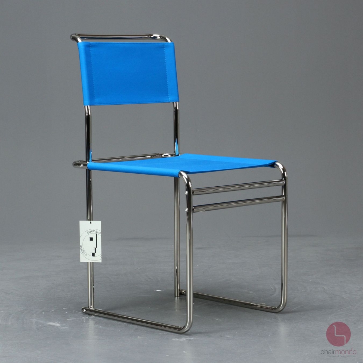 Preview: Tecta B40 Stuhl mit Bauhaus-Gurte Blau und Stahlrohr vernickelt