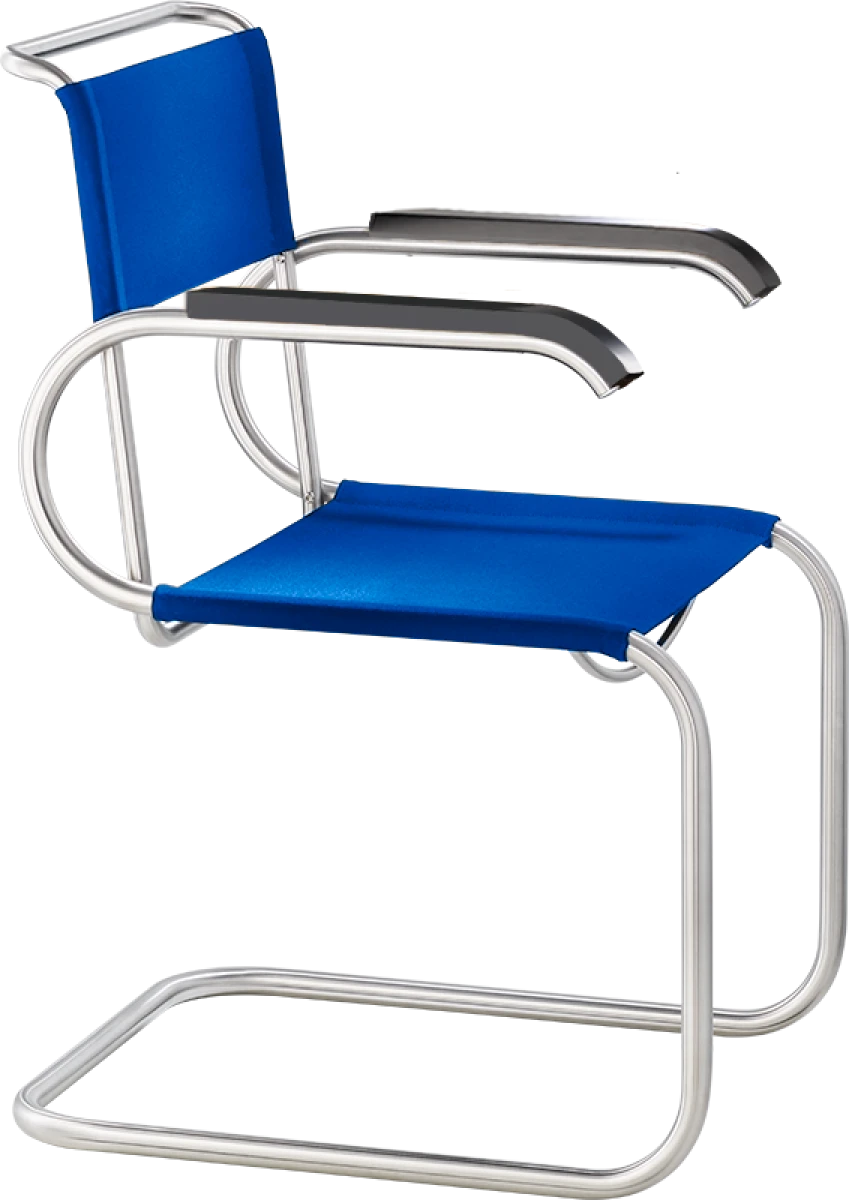Tecta D40 freischwinger Stuhl blaue Bauhausgurte schwarze Armlehnen