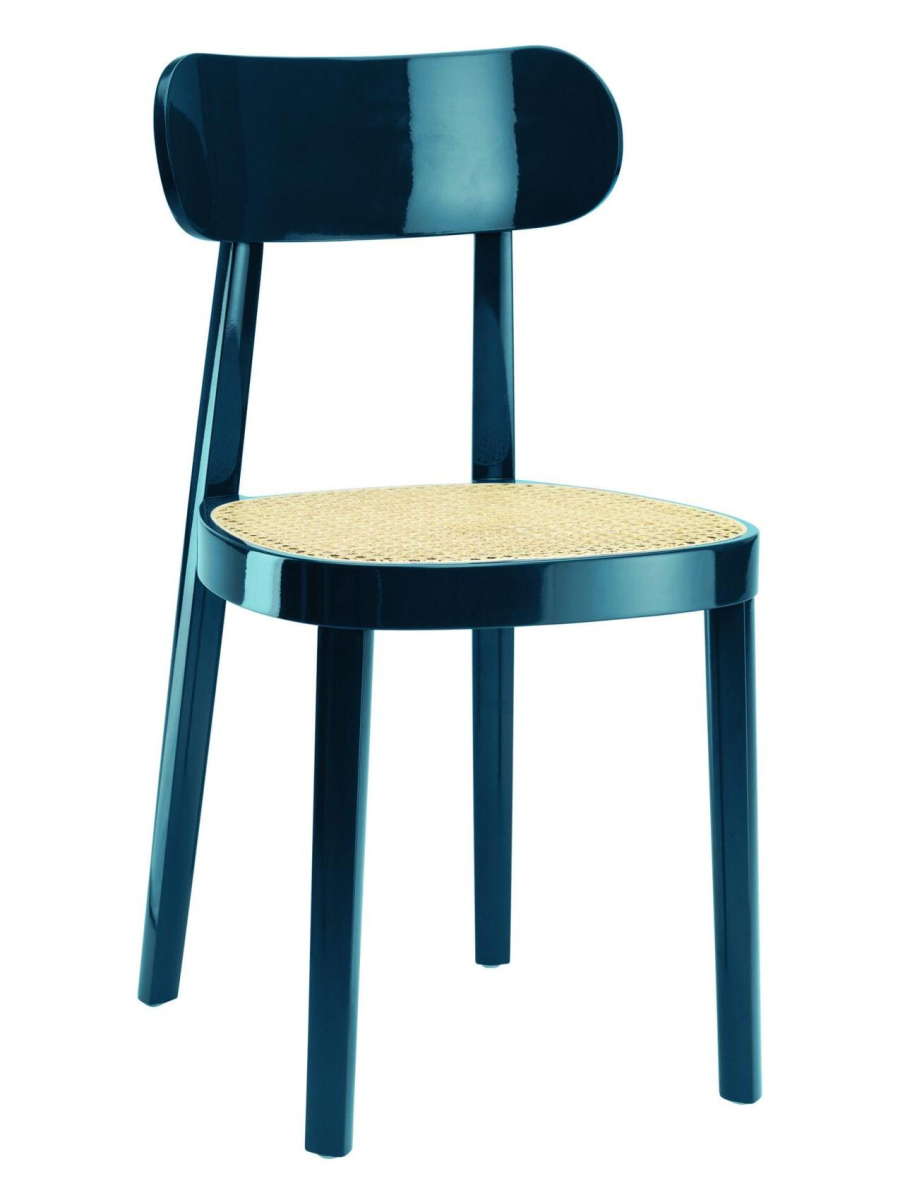 Thonet 118 Stuhl in Hochglanzoptik, dunkelblau, aus Buchenholz mit Wiener Geflecht