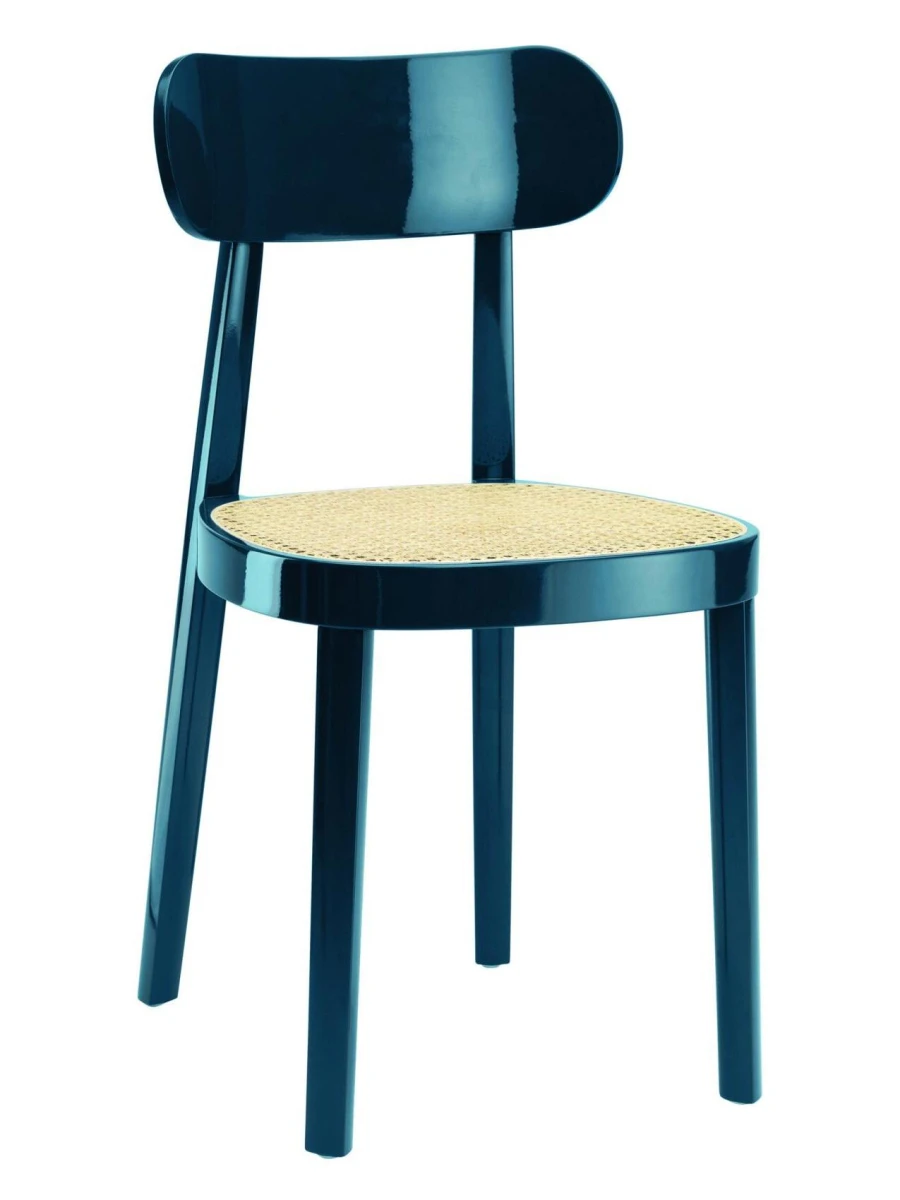 Thonet 118 Stuhl in Hochglanzoptik, dunkelblau, aus Buchenholz mit Wiener Geflecht
