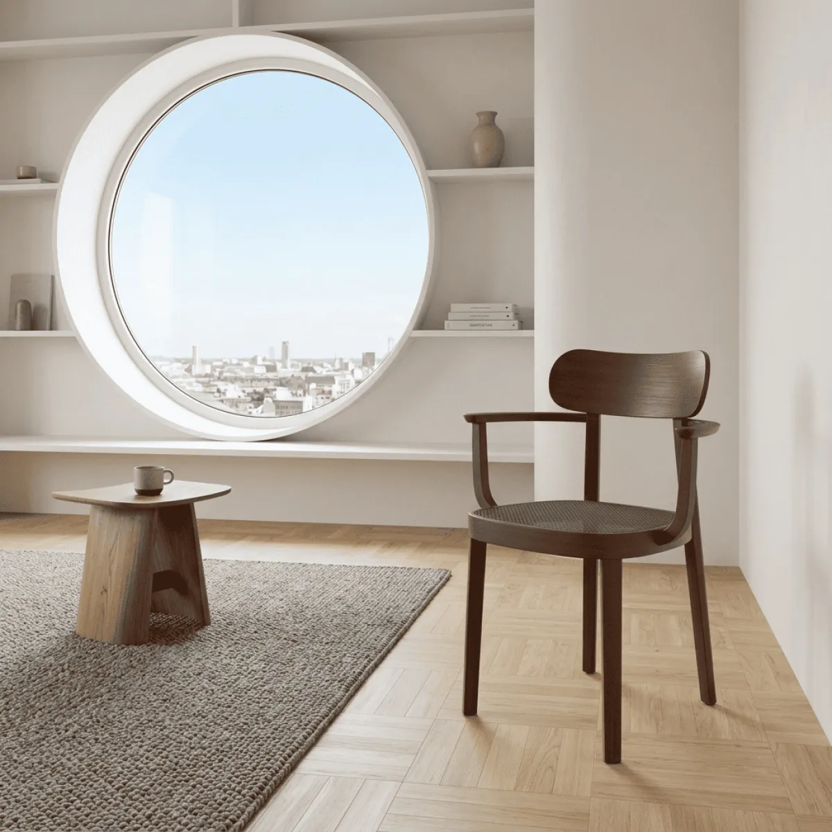 Thonet 118 F Holzstuhl mit Dark Melange Gelecht aus Buche in nussbaum gebeizt Interieurbild