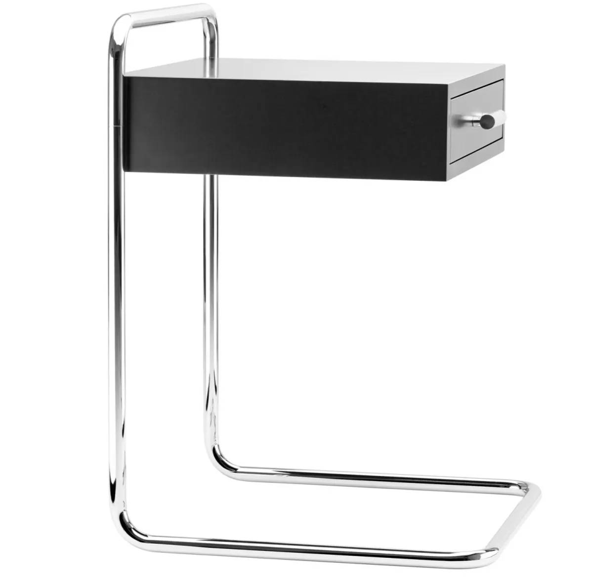 Thonet B 117 Beistelltisch mit Schublade in schwarz, Gestell aus verchromtem Stahlrohr