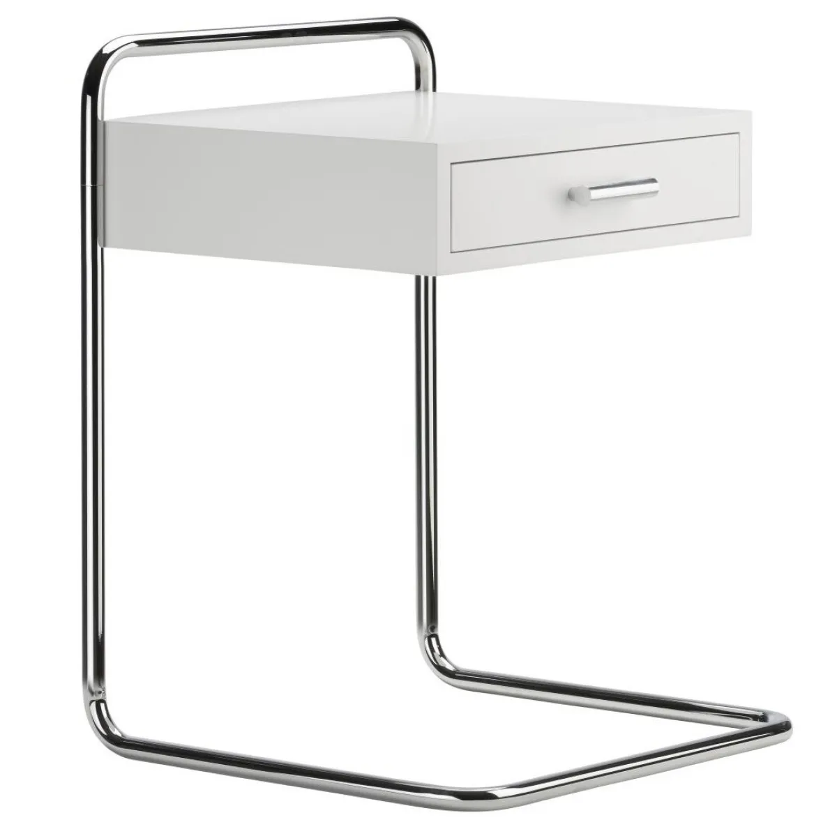 Thonet B 117 Beistelltisch mit Schublade in weiß, Gestell aus verchromtem Stahlrohr