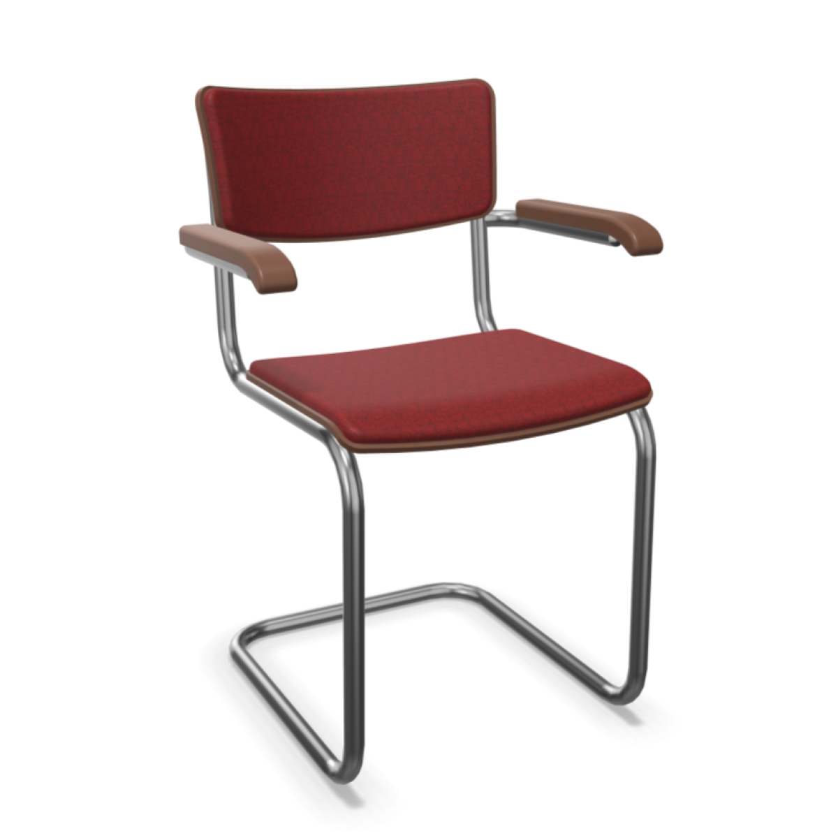 Thonet S43 PVF Freischwinger Stuhl mit Armlehnenbuche nussbaum gebeizt und Polsterung Step melange reinrot