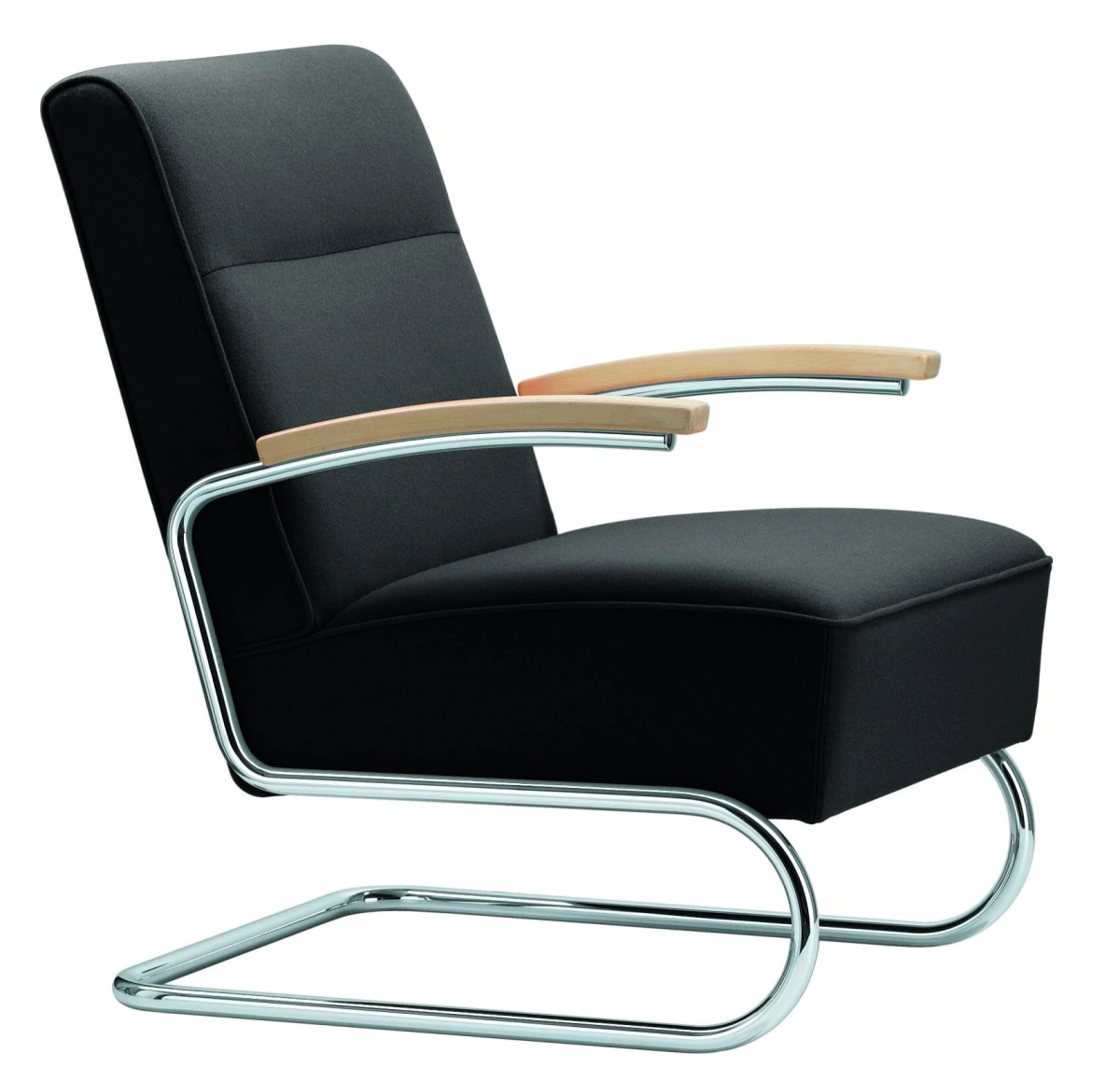 Thonet S412 schwarz mit beigem Armlehnen Freischwinger Stuhl Vorderansicht