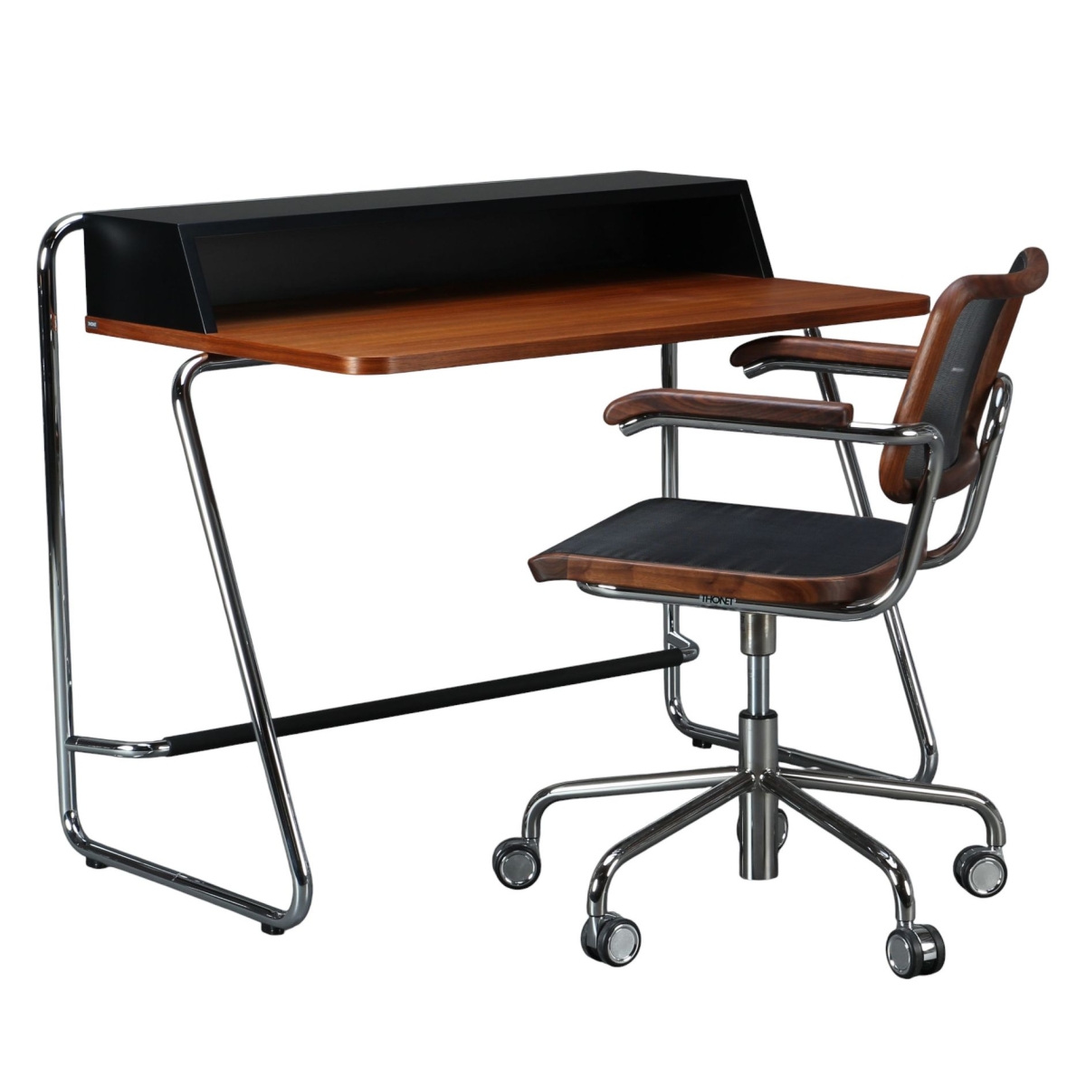 Preview: Thonet S1200 Sekretär Nussbaum Vorderansicht mit Drehstuhl