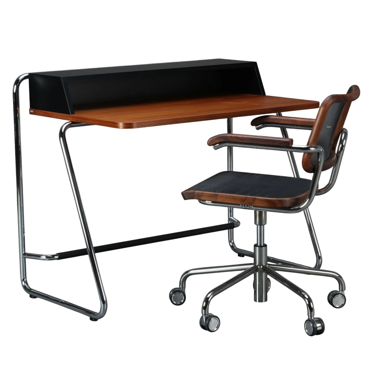 Thonet S1200 Sekretär Nussbaum Vorderansicht mit Drehstuhl