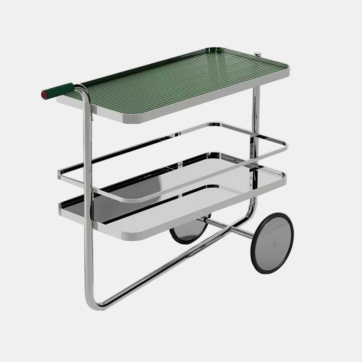 Thonet x xTanqueray Barwagen aus Chromgestell udn Riffelglas in Londongrün
