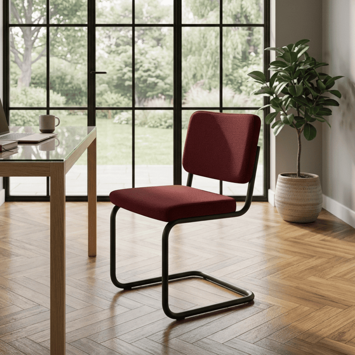 Thonet Freischwinger S 32 PV mit Stoffbezug und Vollpolster, in feuerrot mit schwarzem Gestell Interieurbild