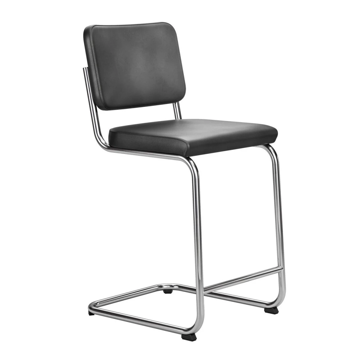 Thonet S32 PVHT Barhocker in Schwarz, Modell T29, Leder, Seitenansicht.